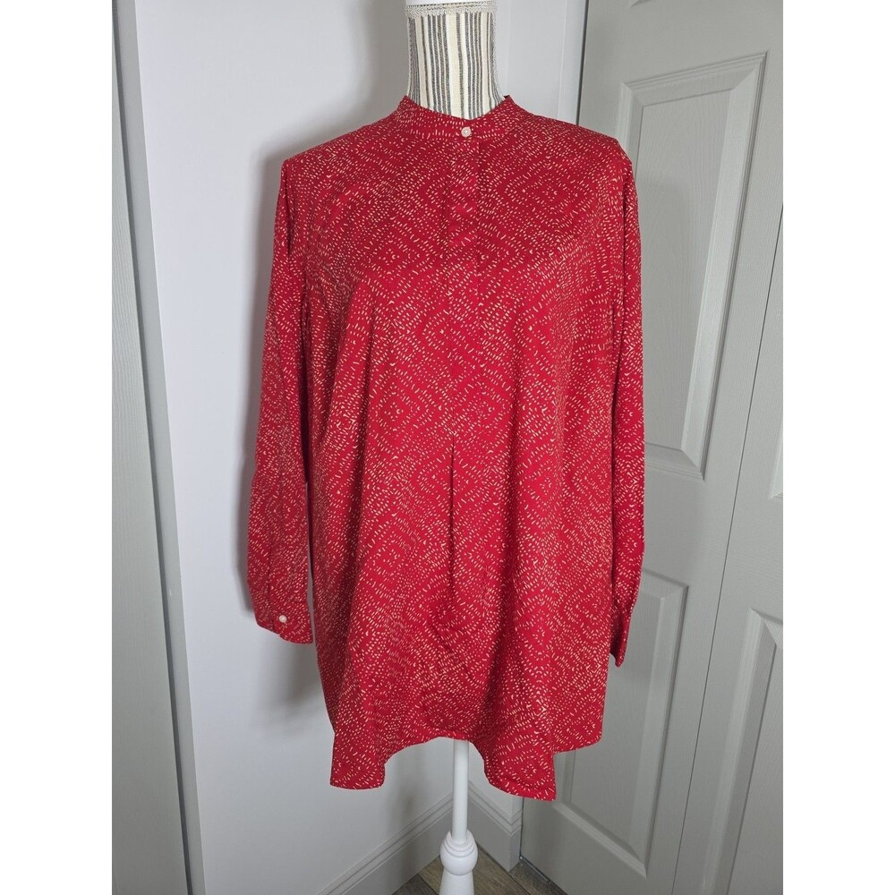 Ralph Lauren 1X Tunic Red Lightweight Long Sleeve Mandarin Collar Button Placket